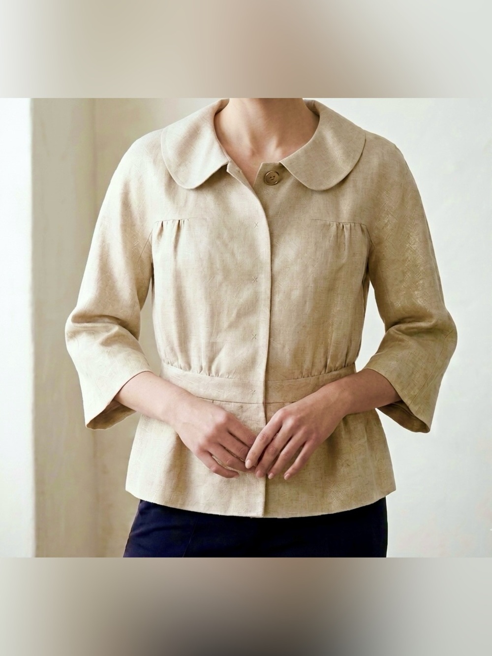 Semantiks 100% Linen Peter Pan Collar Jacket Cream Gold Shimmer Peplum Size 12